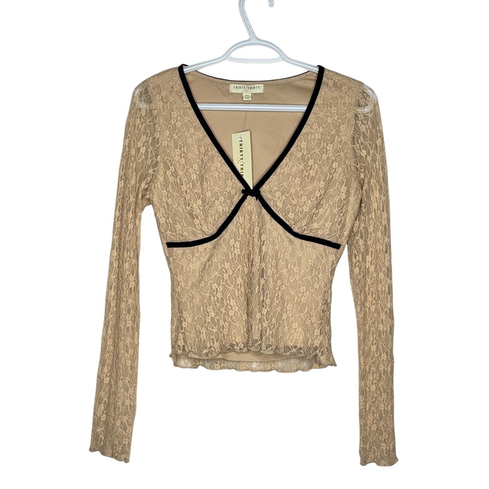 Thirty Thirty Women Babydoll Lace Top Sheer Sleeve Velvet Detail M Y2K Coquette